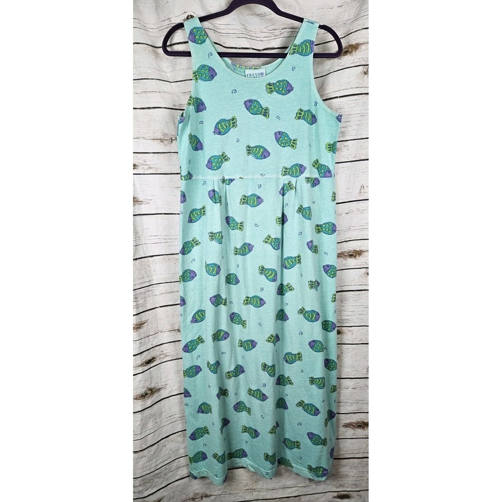 Vintage Fresh Produce Fish Maxi Tank Dress M Pleats Washed Aqua USA Cotton